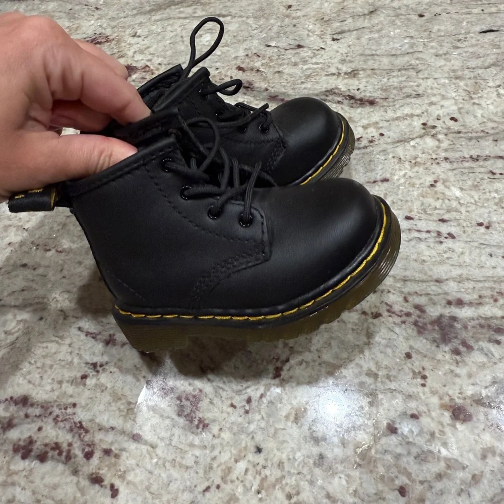 Kids Doc Martens Black Lace-Up Leather Boots with Yellow Stitching